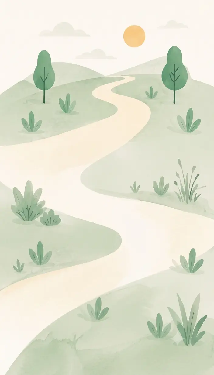 Ilustración de un sendero entre colinas verdes, símbolo de un cuidado posible y progresivo.